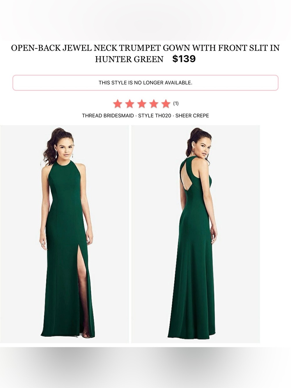 Hunter Green Open-Back Jewel Neck Maxi Trumpet Dress